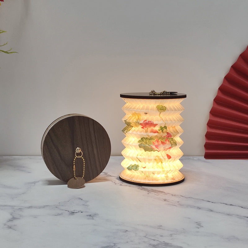 Foldable Telescopic Lantern Lamp – 3 Light Modes, USB Rechargeable, Wood/Paper Finish(Lotus Painting)