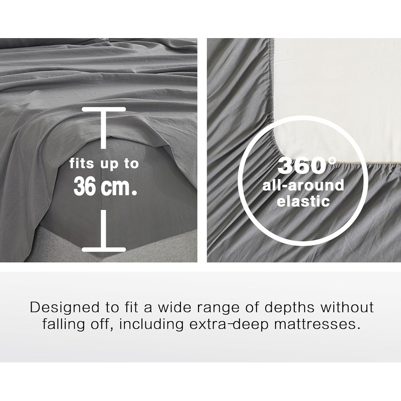 100% Vintage Washed Microfibre Fitted Sheet Set  Ultra Soft & Lightweight All-Season Fitted Sheet with 2 Pillowcases (Grey, Queen Size)