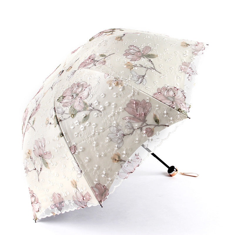 Apricot yellow Elegant Lace Parasol – UV Protection, Sun & Rain Umbrella, Tri-Fold Design
