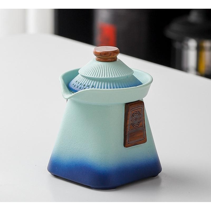 Artisan Ceramic Tea Pot with Built-in Strainer – 280ml, Gradient Finish & Wooden Accents(Blue+green)