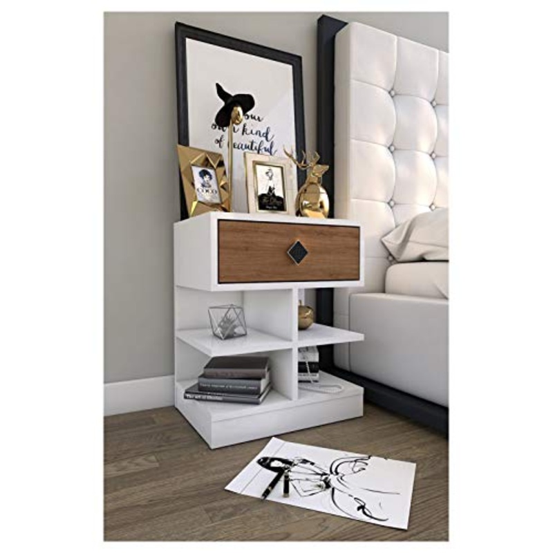 WSZMD Tavolo Comodino Comodino Bianco E Rovere Singolo Cassetto con Mensole Organizzatore di Stoccaggio Realizzato in Tavola da Comodino in Turchia