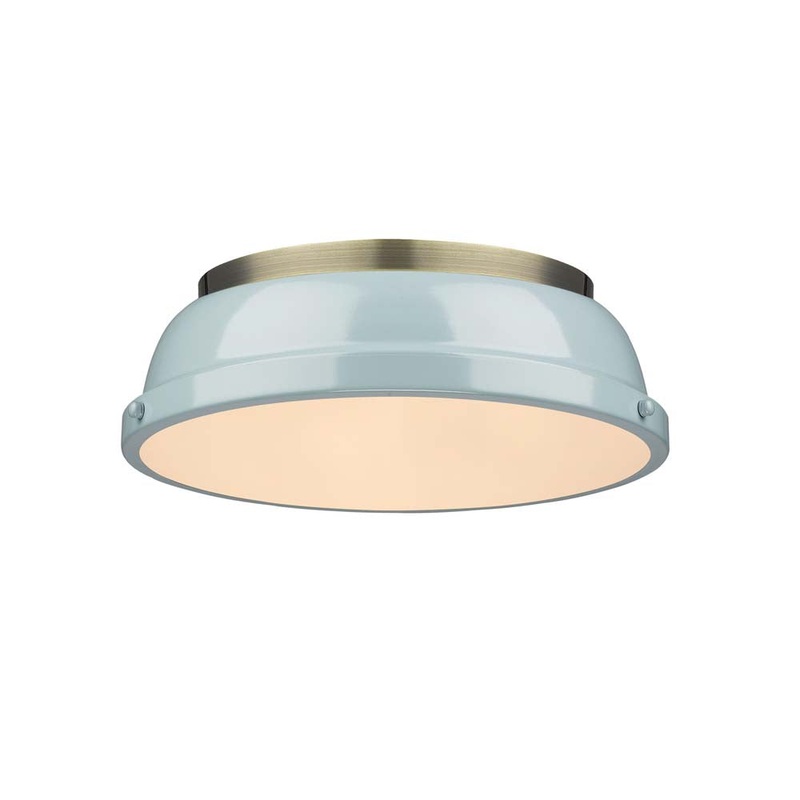 Duncan 14″ Flush Mount in Aged Brass with a Seafoam Shade
