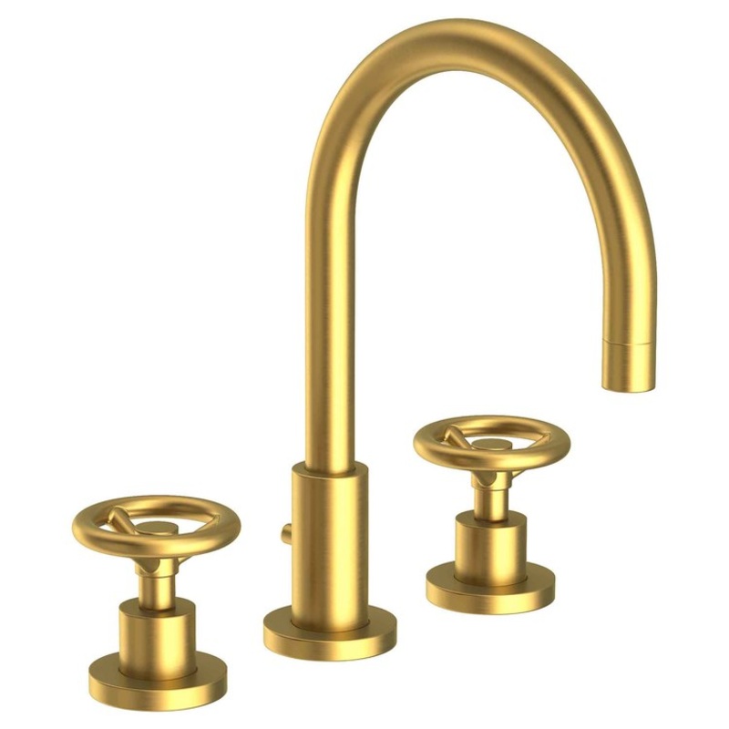 Lavatory Faucet Slater Widespread 8 to 20 Inch Spread 2 Wheel Satin Brass PVD 1.2 Gallons per Minute Brass Spout Height 6 Inch