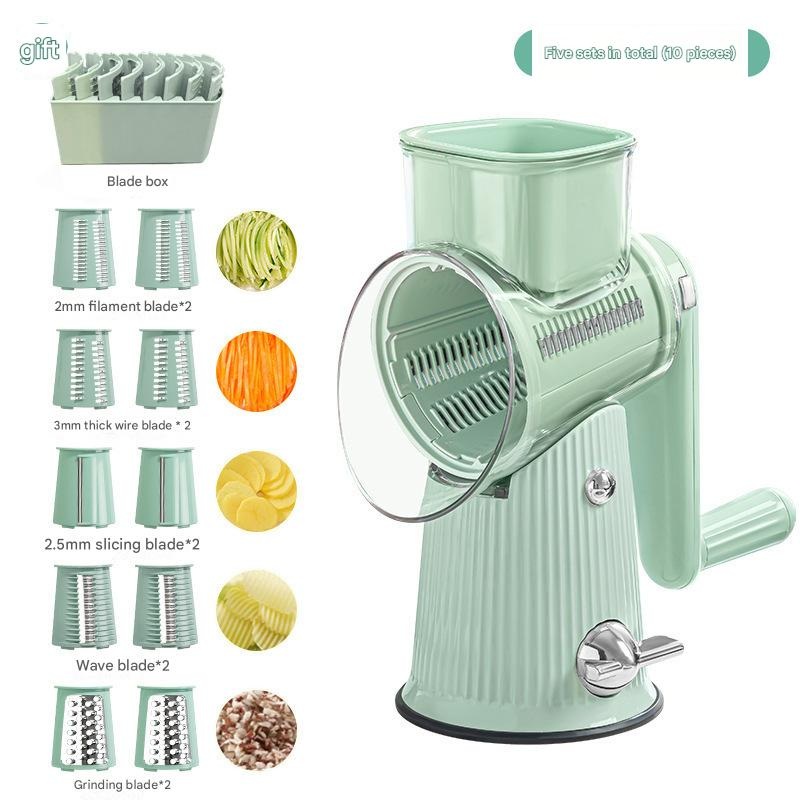 Multi-Function Rotary Vegetable Slicer & Grater – 5 Blade Types (10 Pcs Total) with Storage Box-green
