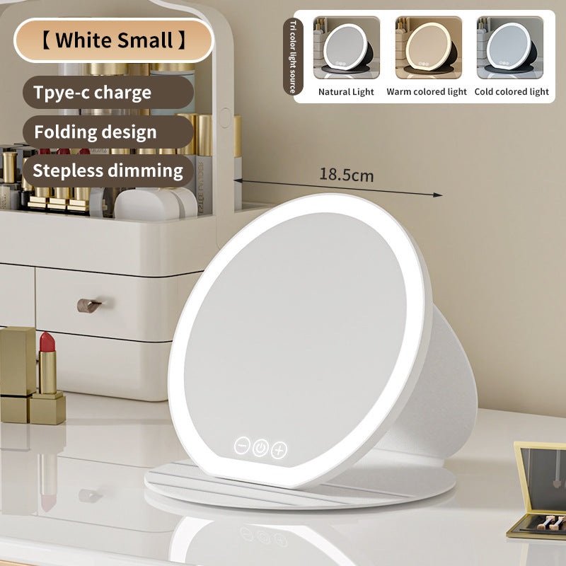 White Small Round Foldable LED Makeup Mirror – 18.5cm Desktop Vanity with 3 Color Lights & Stepless Dimming
