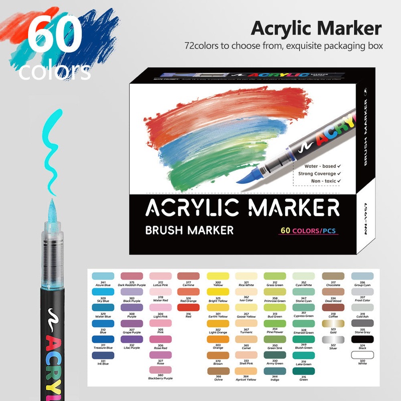 60 Colour Set Vibrant Cyan Acrylic Marker with Soft Brush Tip – 13.8 cm Professional Art Pen