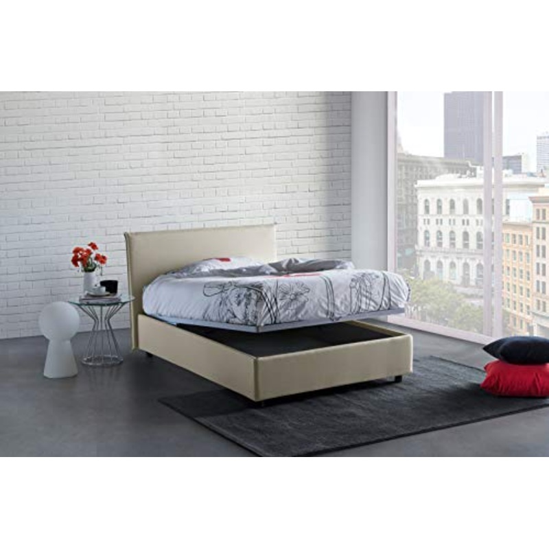 Talamo Italia Letto contenitore Una piazza e mezza Anna, Made in Italy, Letto con rivestimento in tessuto, Apertura frontale, adatto per materasso cm 120×190, Panna