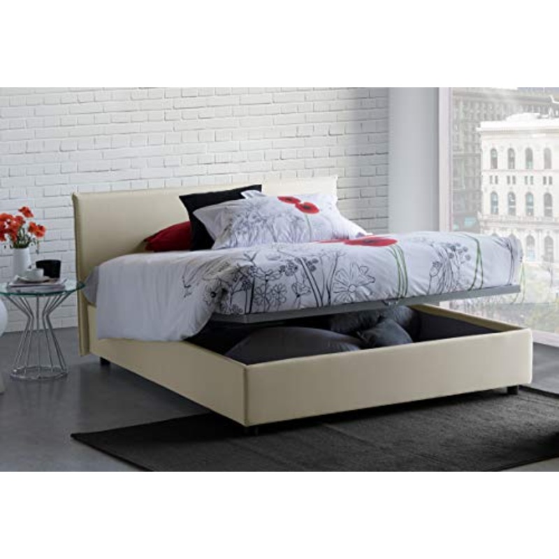Talamo Italia Letto contenitore Matrimoniale Anna, Made in Italy, Letto con rivestimento in tessuto, Apertura frontale, adatto per materasso cm 160×190, Panna