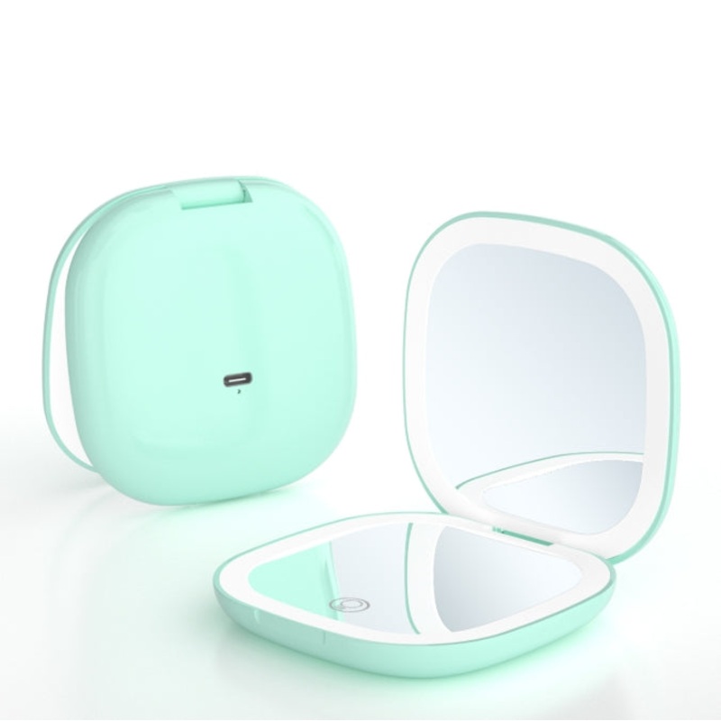 2-piece Green Portable LED Makeup Mirror – Rechargeable Compact with 3-Color Lights & 5x Magnification