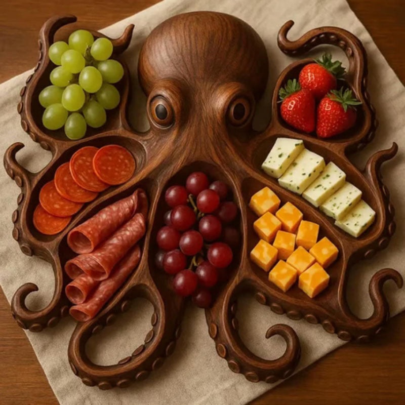 Style B Brown Artisan Crafted Solid Wood Octopus Charcuterie Board – Unique Appetizer & Cheese Serving Platter