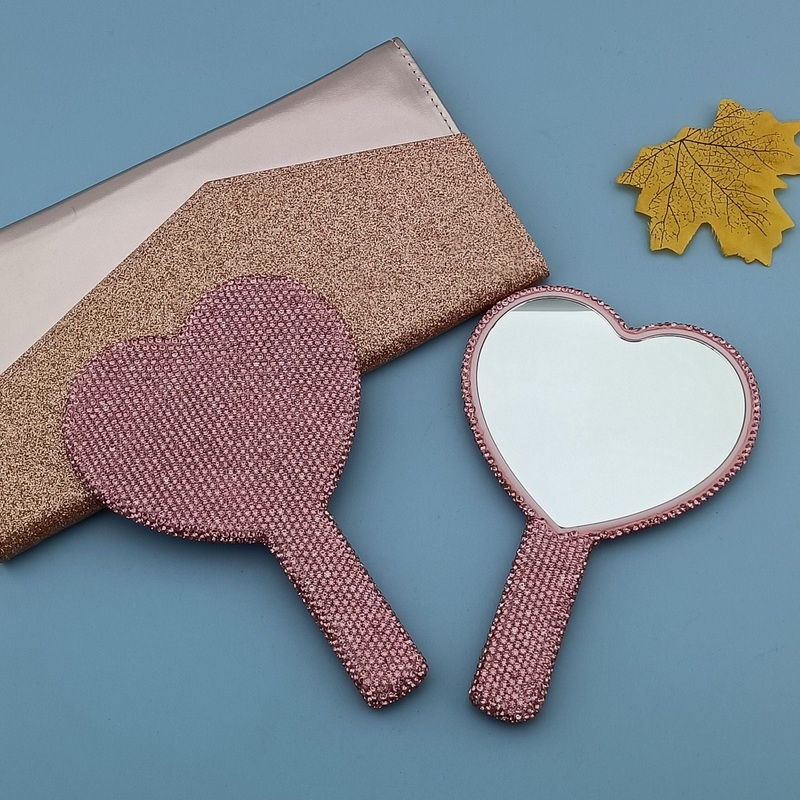 2PCS Pink Glamorous Diamond-Encrusted Heart Handheld Mirror – Luxe High-Definition Makeup Essential