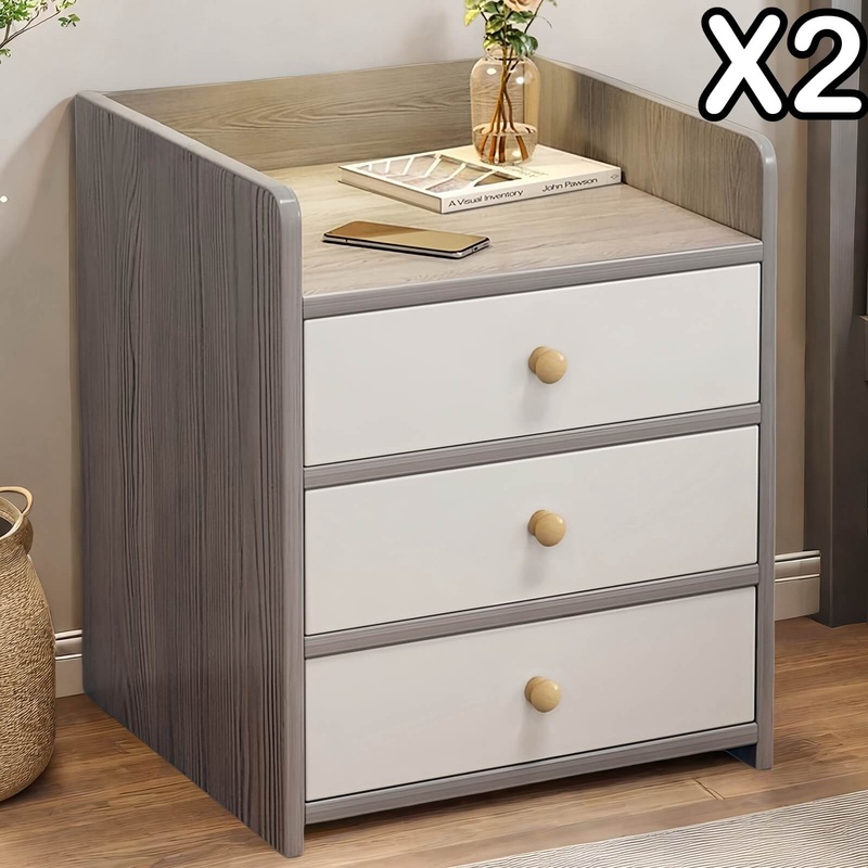2x bedside table set 3 drawer light gray white wooden knobs bedroom furniture