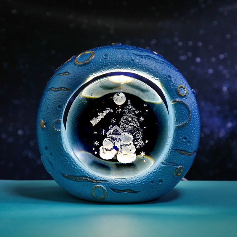Celestial Ring LED Crystal Ball Lamp – 3D Engraving, Unique Gift (Christmas Snowman)