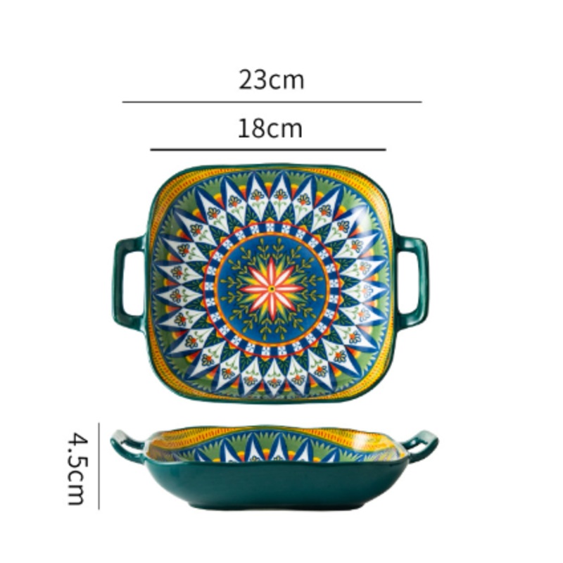 Ember 9-Inch Bohemian Ceramic Double-Handled Square Plate