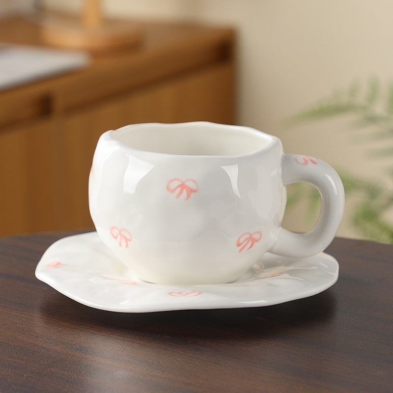 Hand-Painted Ceramic Coffee Cup and Saucer Set – Vintage Afternoon Tea(Pink bow)