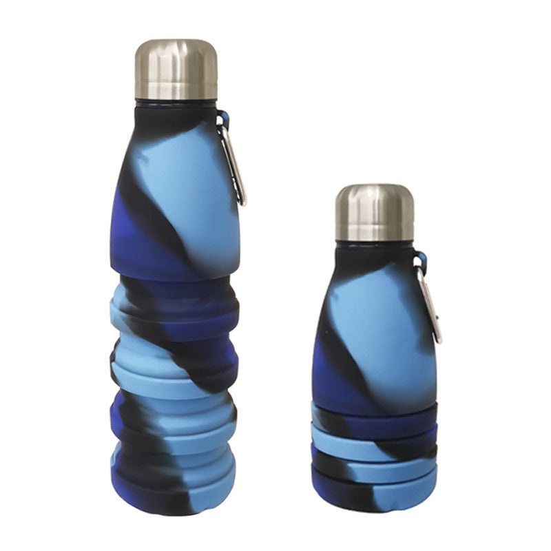 Camouflage blue Collapsible Silicone Water Bottle – Portable Sports Hydration Flask with Carabiner, 550ml/300ml