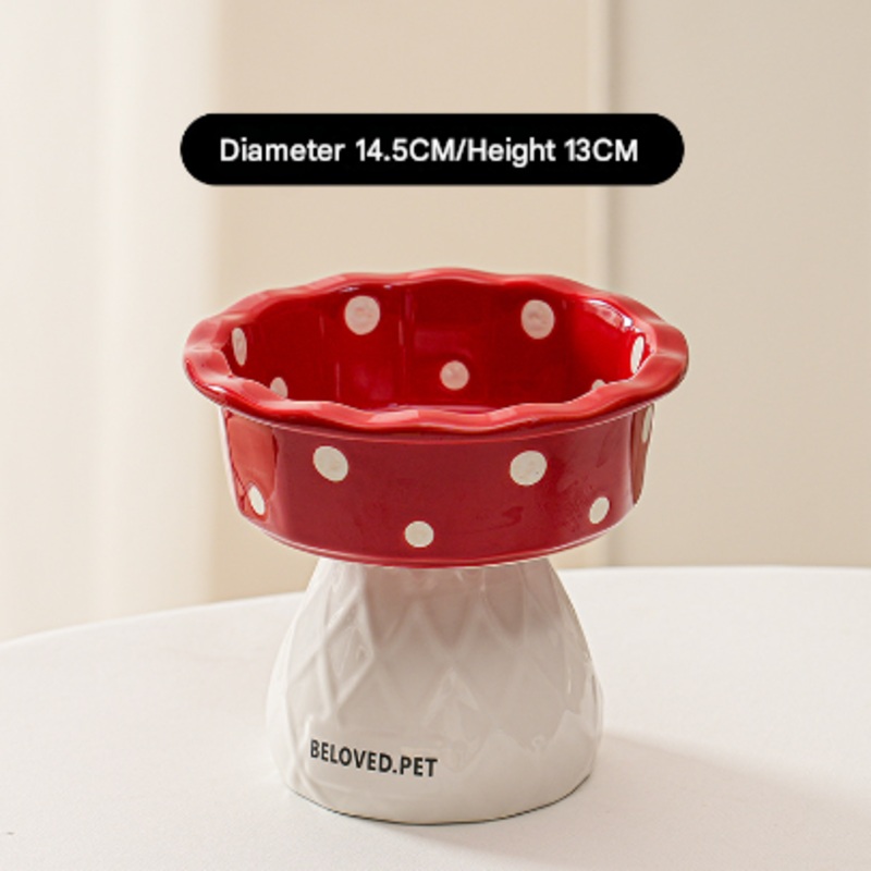 Red Adorable Mushroom Ceramic Elevated Cat Bowl – Anti-Vomiting & Spine Protecting Pet Feeder with Polka Dots