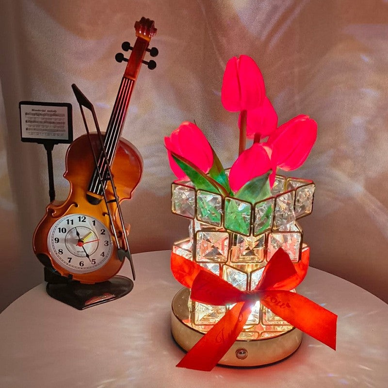 Red tulips LED Crystal Flower Table Lamp – USB Rechargeable Touch Control Night Light