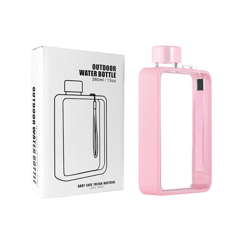 Slim Tritan Flat Water Bottle – 380ml BPA-Free, Leakproof with Leather-Textured Sleeve & Strap(pink)
