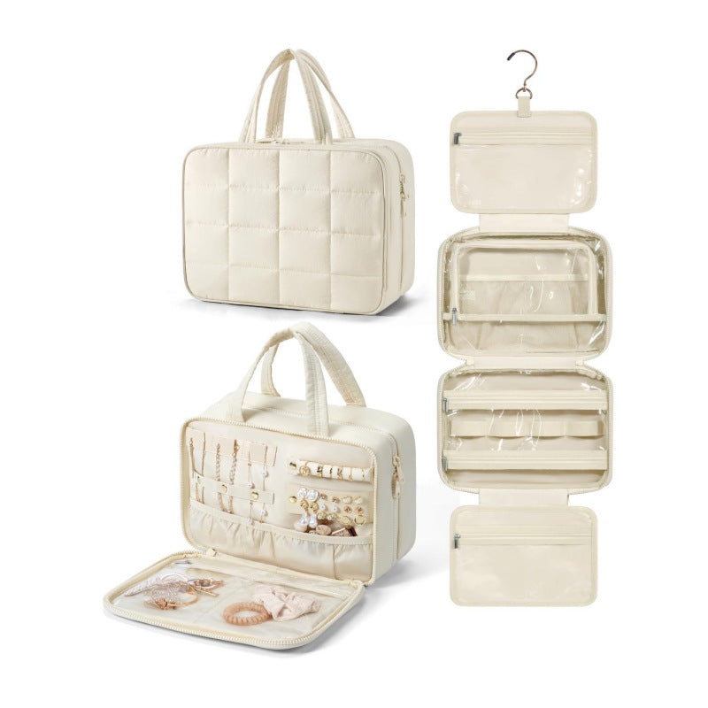 Size L Beige Quilted Hanging Toiletry Bag with Jewelry Organizer – Travel Cosmetic Case(31*12*23)