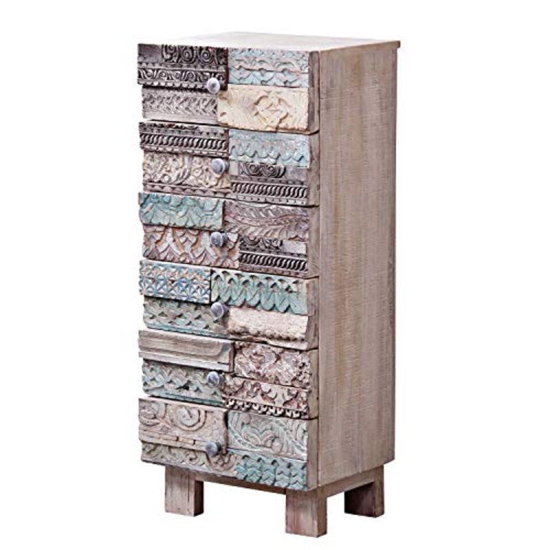 Casa Moro | Cassettiera indiana Ara, 47 x 35 x 110 cm (L x P x A), con parte frontale intagliata a mano in legno di mango massiccio, design puzzle | per una casa bella | CA021180