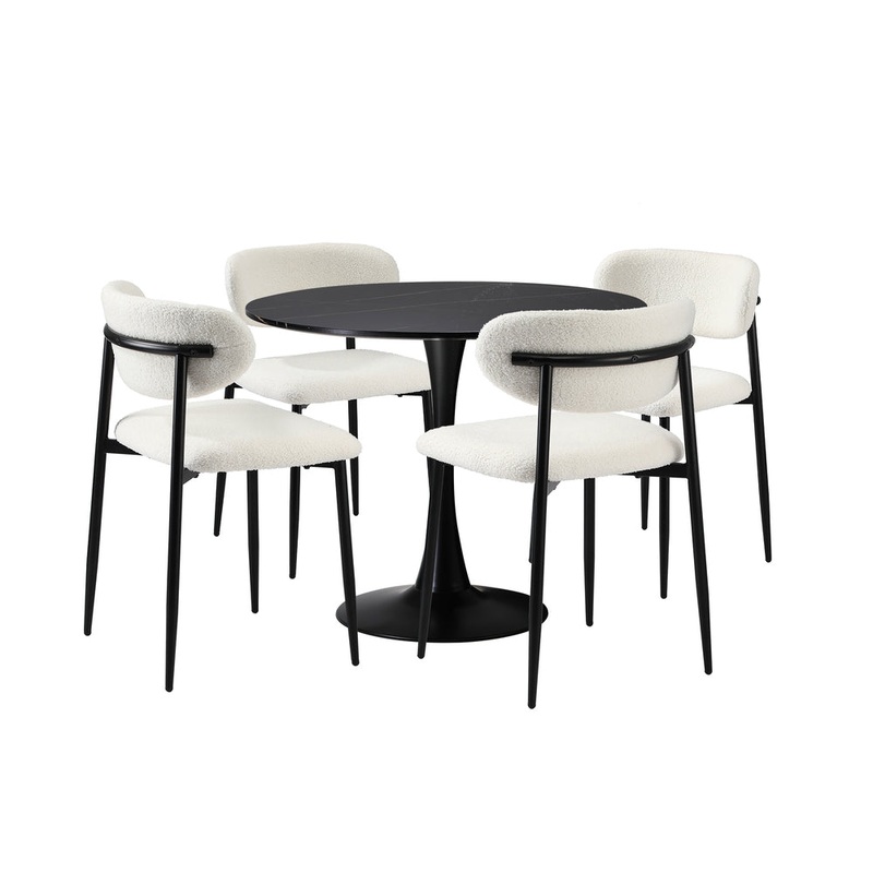 Oikiture 90cm Round Dining Table with 4x Dining Chairs Boucle Black&White