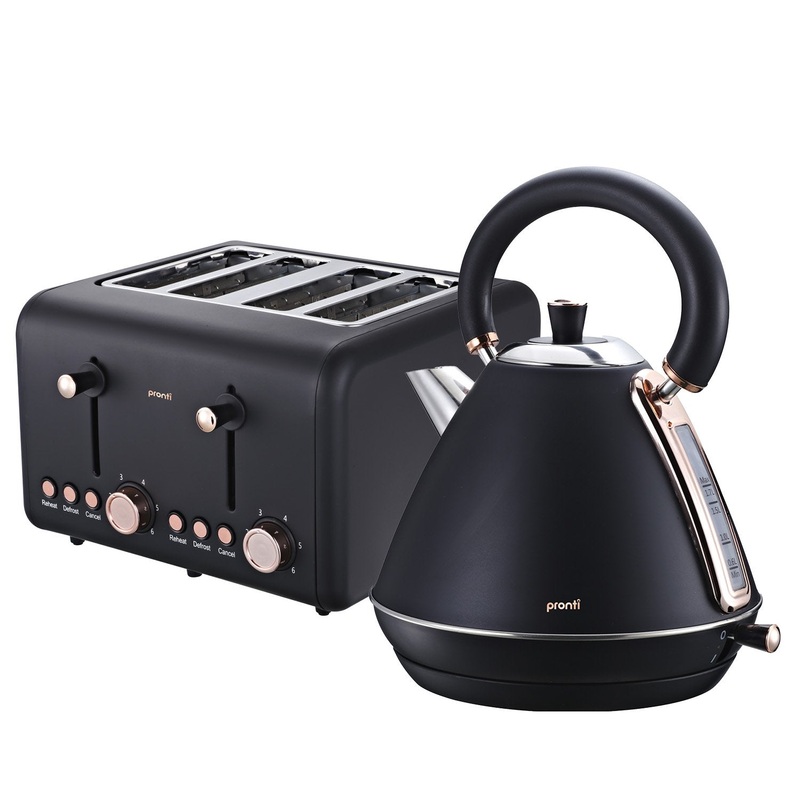 Pronti Rose Trim Collection Toaster & Kettle Bundle – Black
