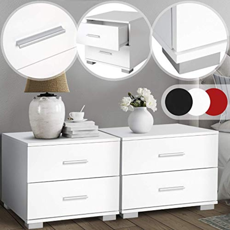 Set da 2 Comodino – 40x40x35 cm, con 2 cassetti, Bianco, in Robusta MDF con Maniglie Metallo – Cassetto Organizattore da Letto, Cassettiera Notte