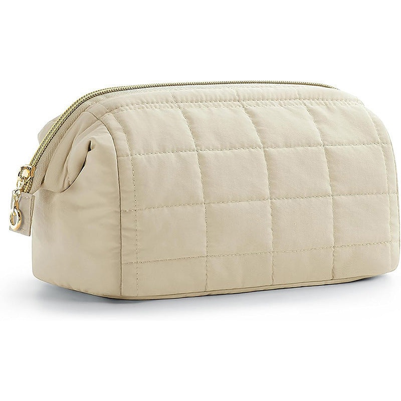 Beige Chic Quilted Puffer Makeup Bag – Large Capacity Travel Cosmetic Organizer with Wide Opening