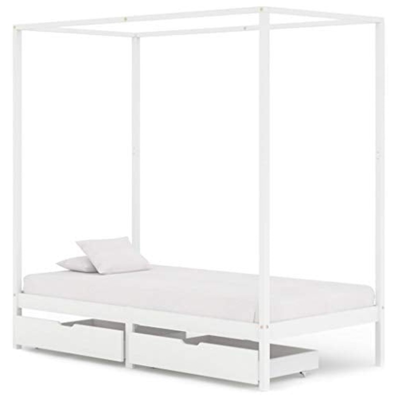 BIGTO – Struttura letto a baldacchino con 2 cassetti in legno di pino massello, mobili per camera da letto, 90 x 200 cm, colore: Bianco