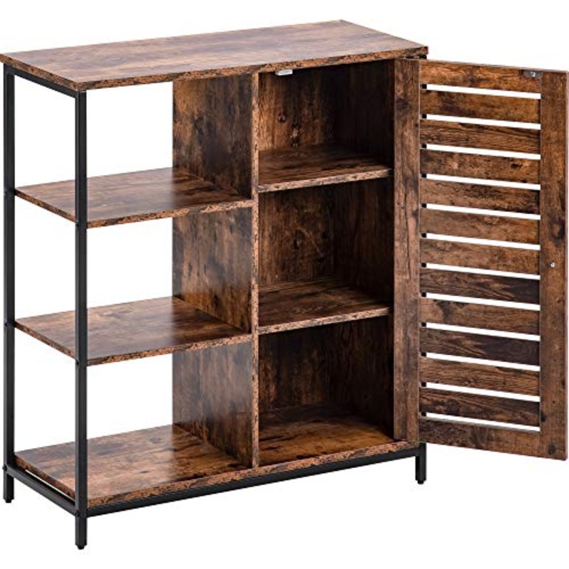 Q-HL Comodino Armadio per Stoccaggio Credenza Armadio Multiuso con 3 Ripiani Aperti Telaio in Acciaio per Soggiorno Camera da Letto Corridoio Stile Industriale – Marrone + Nero
