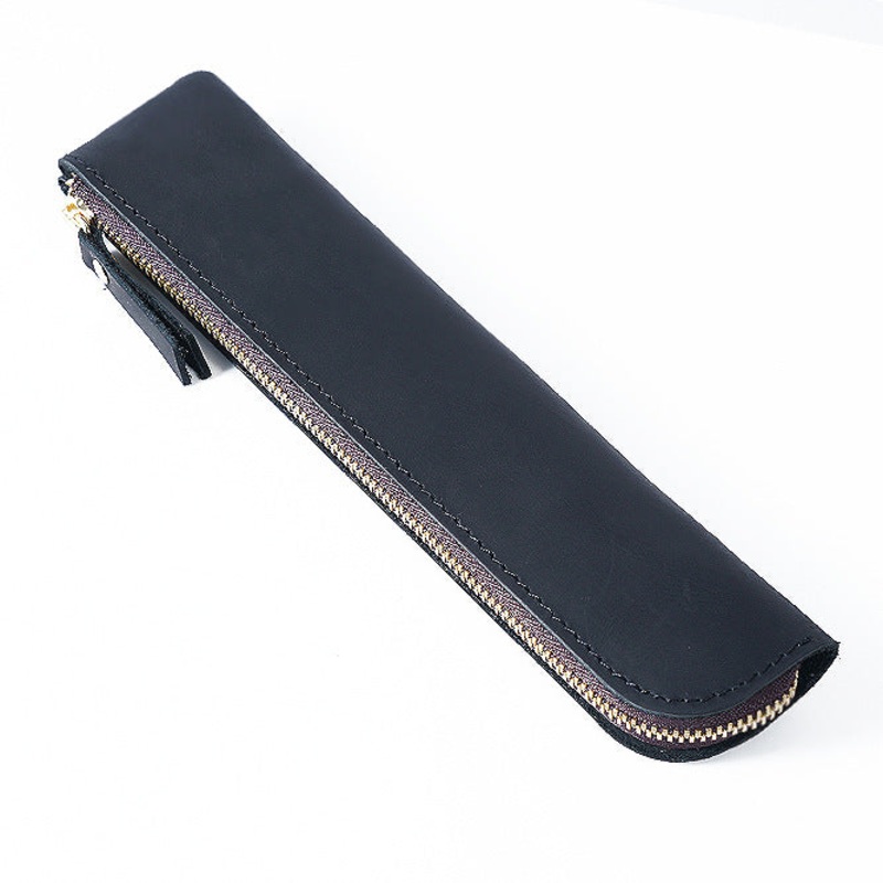 Black Vintage Crazy Horse Leather Zippered Pen Case – Retro Pencil Pouch & Small Accessories Bag