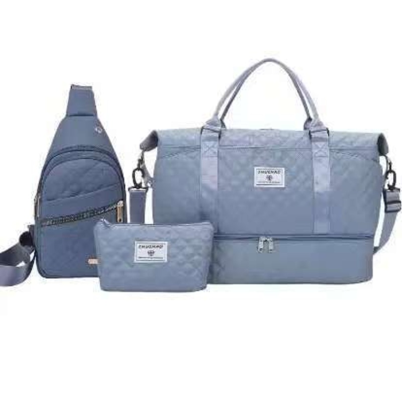 Blue Stylish 3-Piece Quilted Travel Bag Set – Weekender Duffel with Shoe Compartment, Sling Bag & Cosmetic Pouch