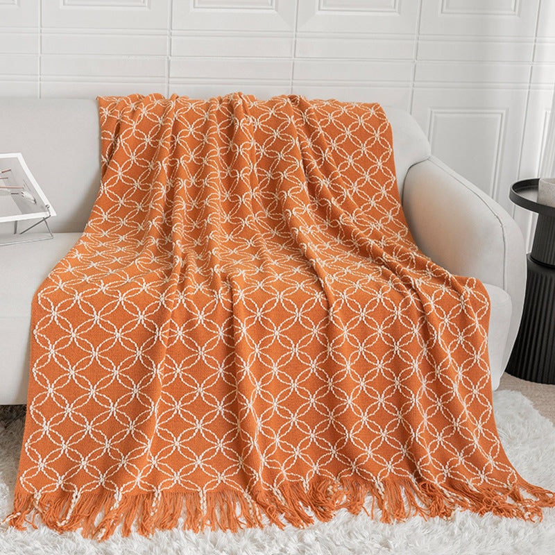 Orange Cozy Geometric Knitted Throw Blanket with Tassels – Soft Acrylic Decorative Sofa & Bed Cover, 130x180cm
