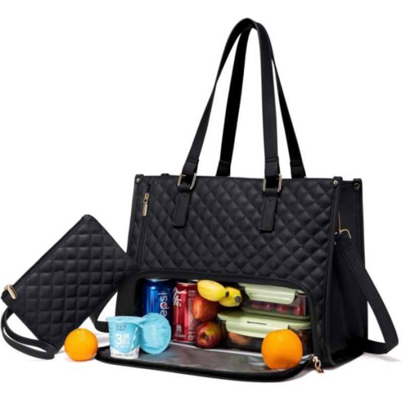 Stylish Quilted Laptop & Lunch Tote Bag , Water-Resistant with Insulated Compartment & Clutch(black)