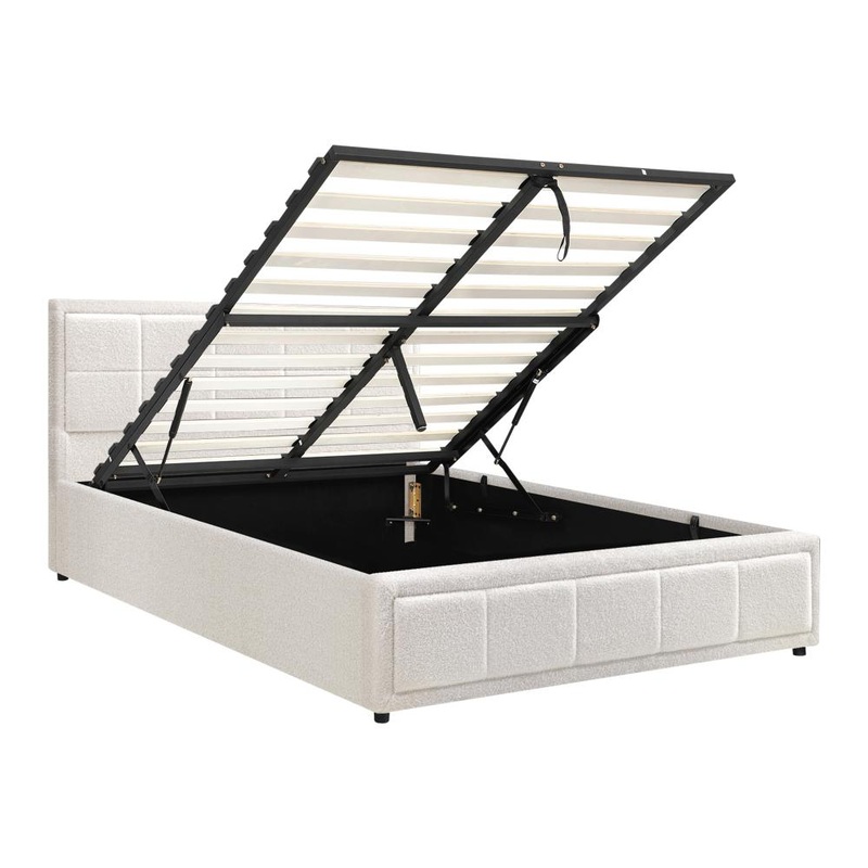 Queen Bed Frame Gas Lift Storage Base Boucle White