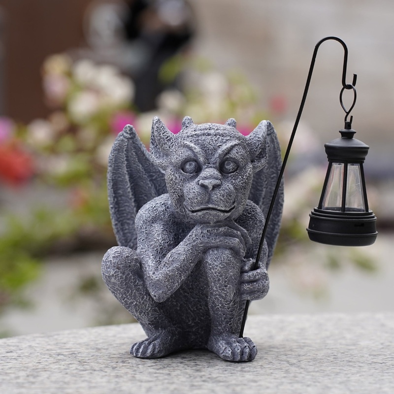 Solar-Powered Gargoyle Statue with LED Lantern  Gothic Outdoor Halloween Garden Decor