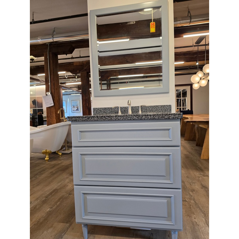 30″ Bertch Vanity Set with Black Granite Top and Brushed Nickel Gerber Faucet and Matching Mirror