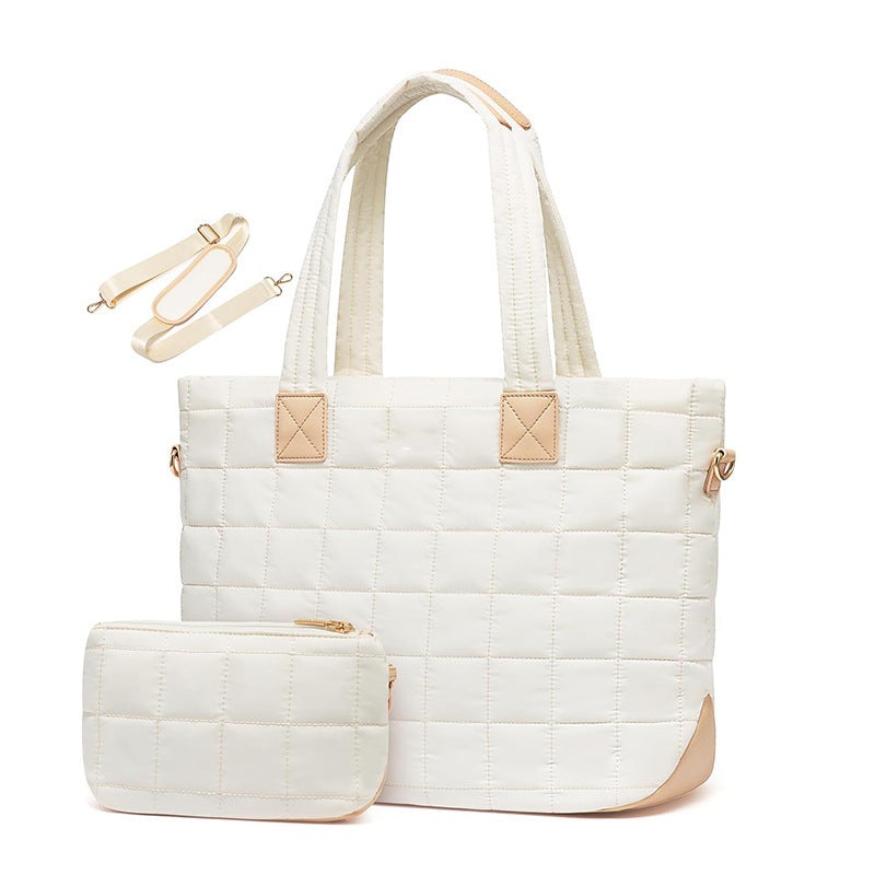 Lightweight Quilted Tote Bag for Women – Fits 15.6 Laptop Water-Resistant with Clutch & Luggage Strap(White)”