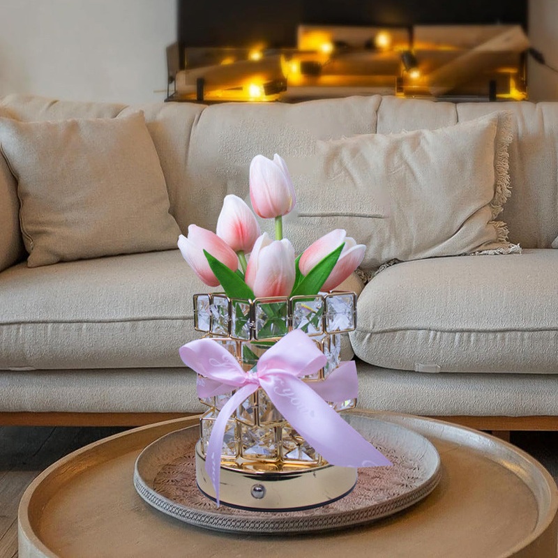 Pink Elegant Crystal Tulip LED Night Light – Rechargeable Touch Lamp with 3 Colors & Dimming